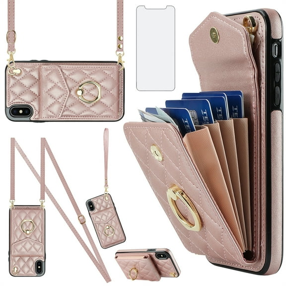 Asuwish Compatible with iPhone Xs Max Wallet Phone Case Tempered Glass Screen Protector and Ring RFID Credit Card Holder Cell Cover for i X XR Xsmax 10x SX Xmax 10xs 10s 10 Plus Xmaxs Women RoseGold