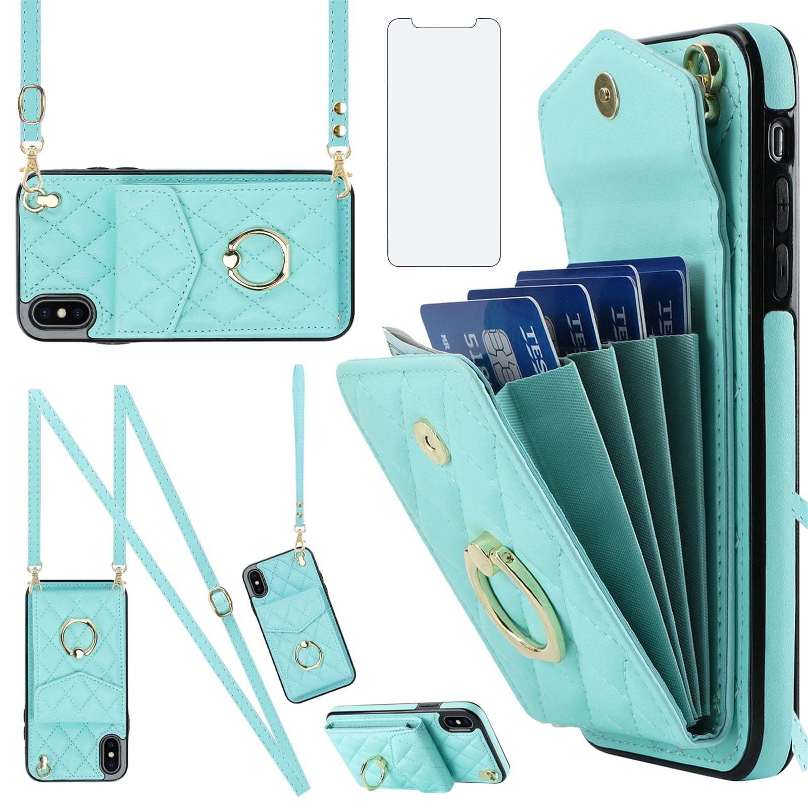 Asuwish Wallet RFID Blocking PU Leather Cell Phone Case with Tempered Glass Screen Protector, Wrist Strap for iPhone XS Max, Teal