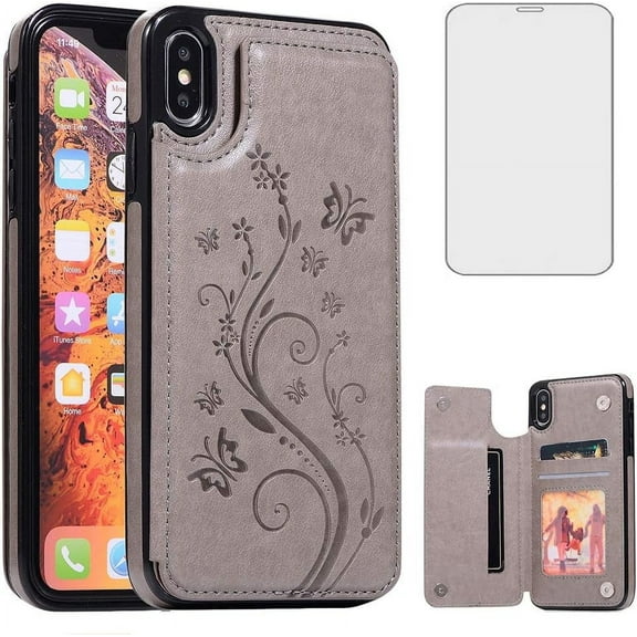Asuwish Compatible with iPhone Xs Max Wallet Phone Case Tempered Glass Screen Protector and Flower PU Leather Card Holder Stand Cell Cover for i X XR Xsmax 10x SX Xmax 10xs 10s 10 Plus Xmaxs Men Grey
