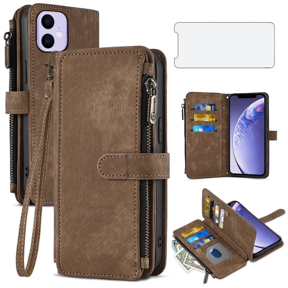 Asuwish Kickstand Hard Shell Wallet Cell Phone Case with Tempered Glass Screen Protector for iPhone 12 Mini, Brown