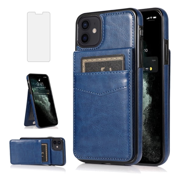 Asuwish Screen Protector Included PU Leather Soft Shell Wallet Cell Phone Case with Screen Protector for iPhone 12 mini, Blue