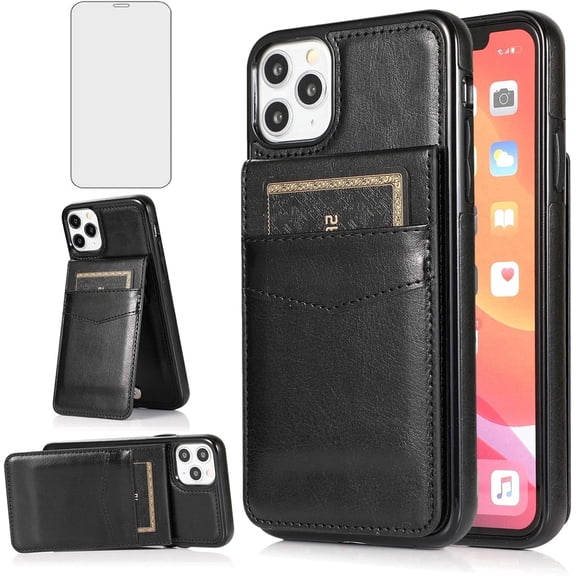 Asuwish Screen Protector Included PU Leather Soft Shell Wallet Cell Phone Case with Screen Protector for iPhone 12 Pro Max, Black