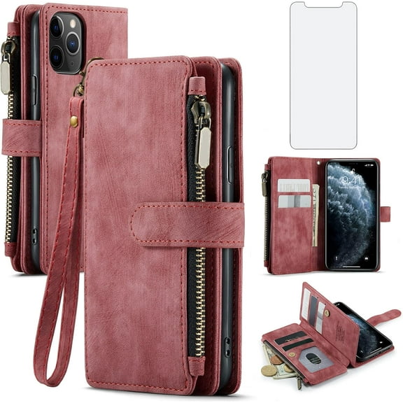 Asuwish Compatible with iPhone 12 Pro Max 6.7 Wallet Phone Case and Tempered Glass Screen Protector Faux Leather Flip Card Holder Cell Cover for iPhone12promax 5G i 12s Plus iPhone12 12pro Promax Red