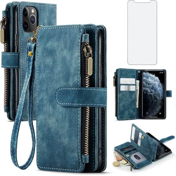 Asuwish Kickstand Hard Shell Wallet Cell Phone Case with Tempered Glass Screen Protector for iPhone 12 Pro Max, Blue