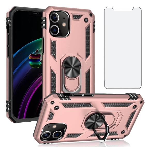 Asuwish Compatible with iPhone 12 Pro iPhone12 6.1 Phone Case Tempered Glass Screen Protector Slim Magnetic Ring Holder Stand Hybrid Protective Cell Cover for iPhone12pro 5G iPhone12 Women Men Pink