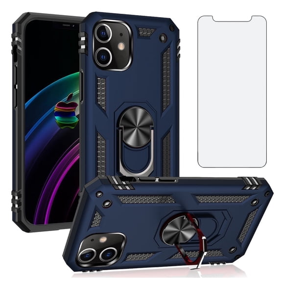 Asuwish Compatible with iPhone 12 Pro iPhone12 6.1 Phone Case Tempered Glass Screen Protector Slim Magnetic Ring Holder Stand Hybrid Protective Cell Cover for iPhone12pro 5G iPhone12 Women Men Blue