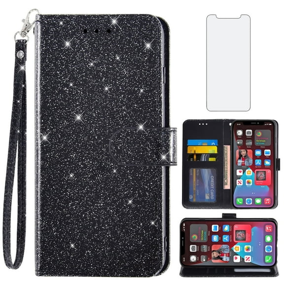 Compatible with iPhone 12 Pro iPhone12 6.1 Wallet Phone Case and Tempered Glass Screen Protector Flip Credit Card Holder Stand Bling Glitter Cell Cover for iPhone12pro 5G i 12s 12pro Women Black