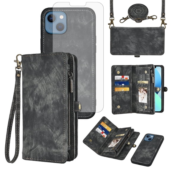 Asuwish Compatible with iPhone 13 6.1 inch Phone Case Zipper Wallet Detachable Tempered Glass Screen Protector Strap Flip Card Holder Cell Cover for iPhone13 5G i i-Phone i13 iPhone13case Women Black