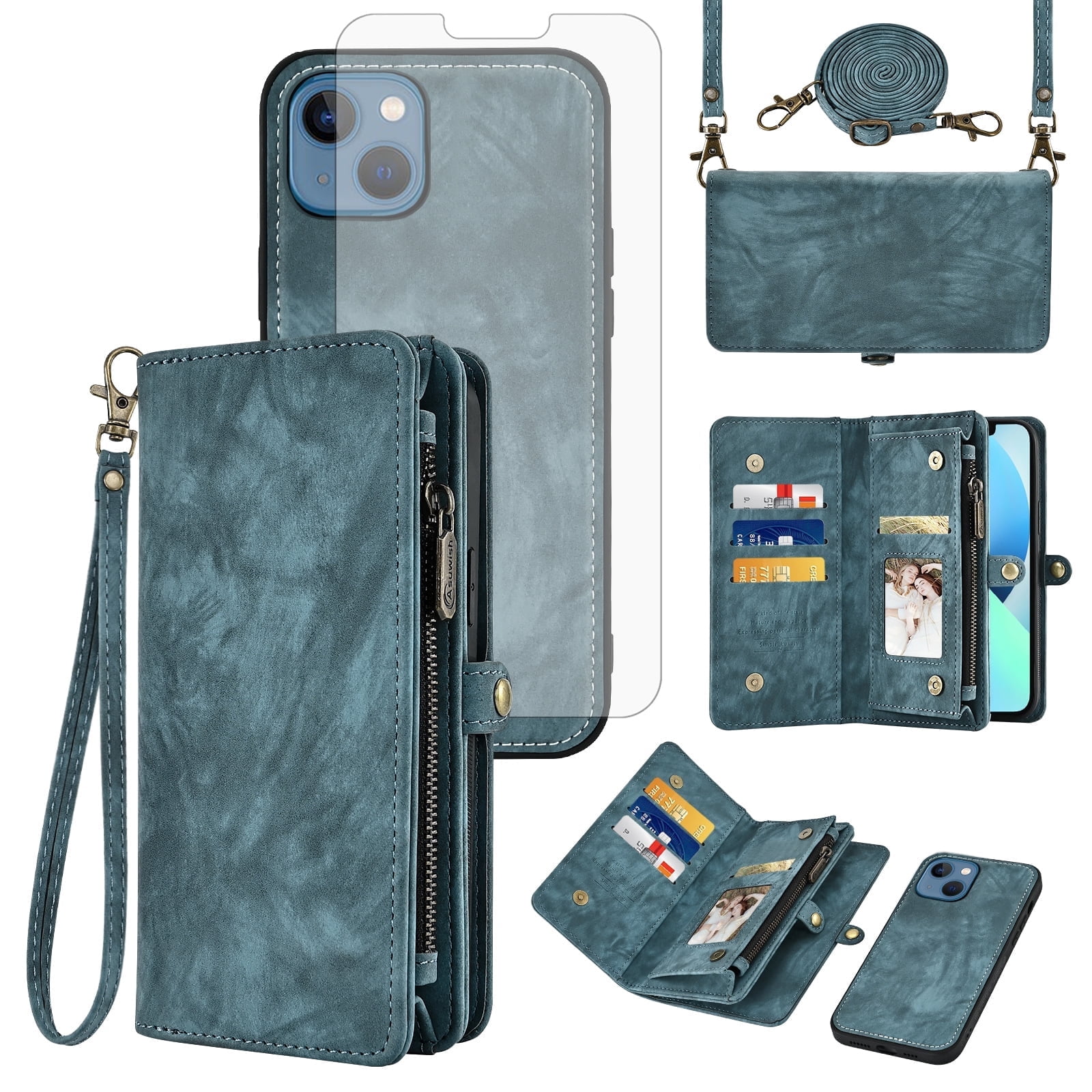 Asuwish Compatible with iPhone 13 6.1 inch Phone Case Zipper Wallet Detachable Tempered Glass Screen Protector Strap Flip Card Holder Cell Cover for iPhone13 5G i i-Phone i13 iPhone13case Women Blue