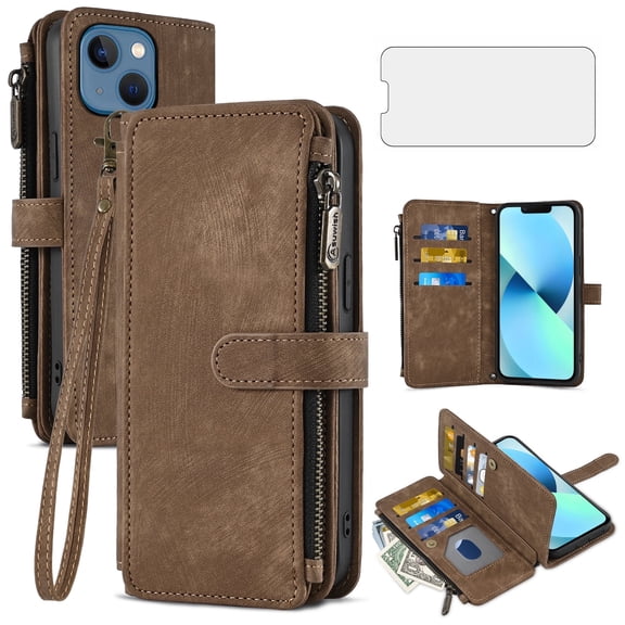 Asuwish Kickstand Hard Shell Wallet Cell Phone Case with Tempered Glass Screen Protector for iPhone 13, Brown