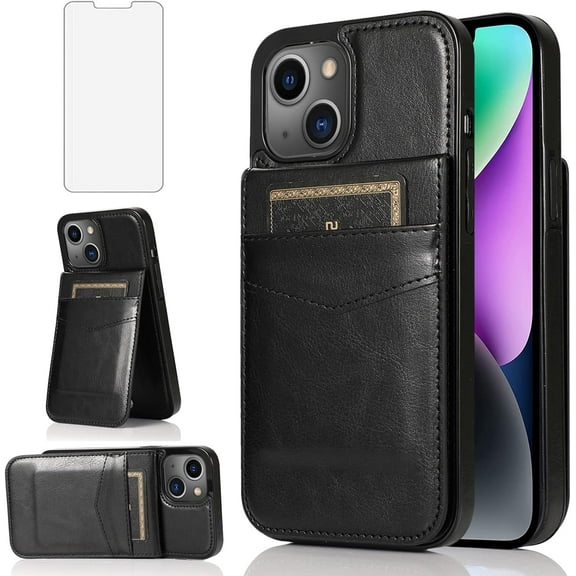 Asuwish Compatible with iPhone 13 6.1 inch Wallet Phone Case with Tempered Glass Screen Protector Slim Credit Card Holder Slot Stand Cell Cover for iPhone13 5G i i-Phone i13 iPhone13case Women Black