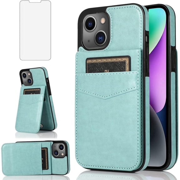 Asuwish Screen Protector Included PU Leather Soft Shell Wallet Cell Phone Case with Screen Protector for iPhone 13, Teal