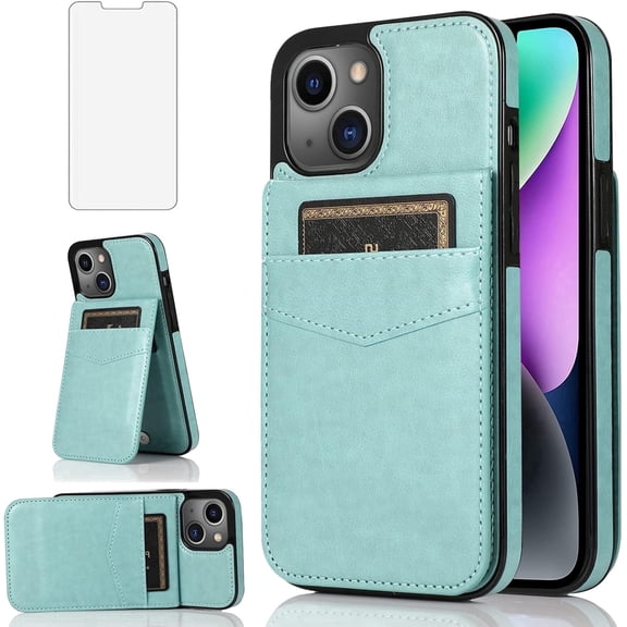 Asuwish Screen Protector Included PU Leather Soft Shell Wallet Cell Phone Case with Screen Protector for iPhone 13 Mini, Teal