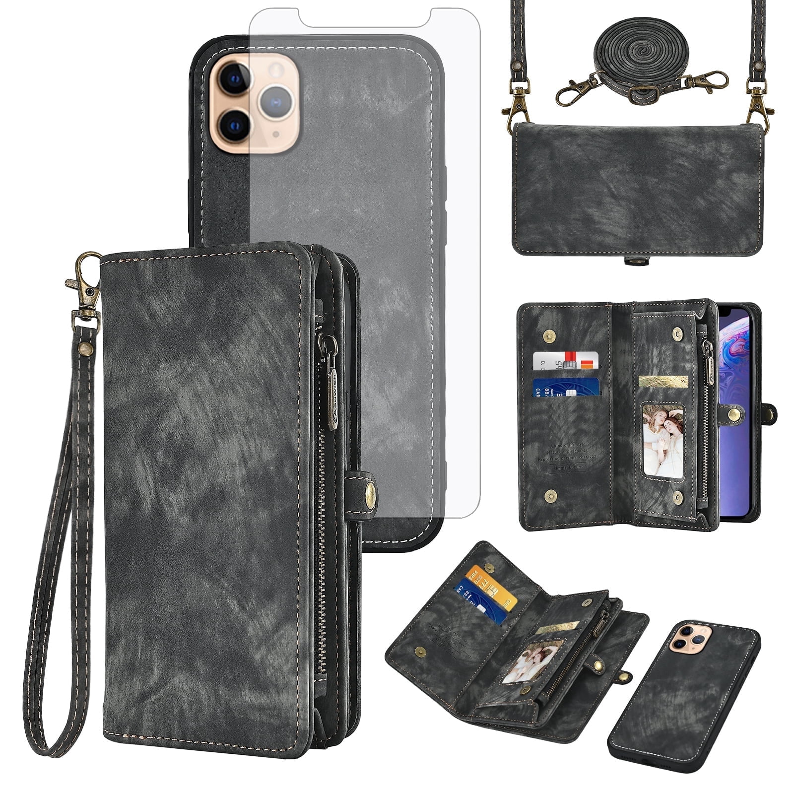Asuwish Compatible with iPhone 13 Pro 6.1 inch Phone Case Zipper Wallet Tempered Glass Screen Protector Strap Flip Card Holder Cell Cover for iPhone13Pro 5G i i-Phone i13 iPhone13 13Pro Women Black