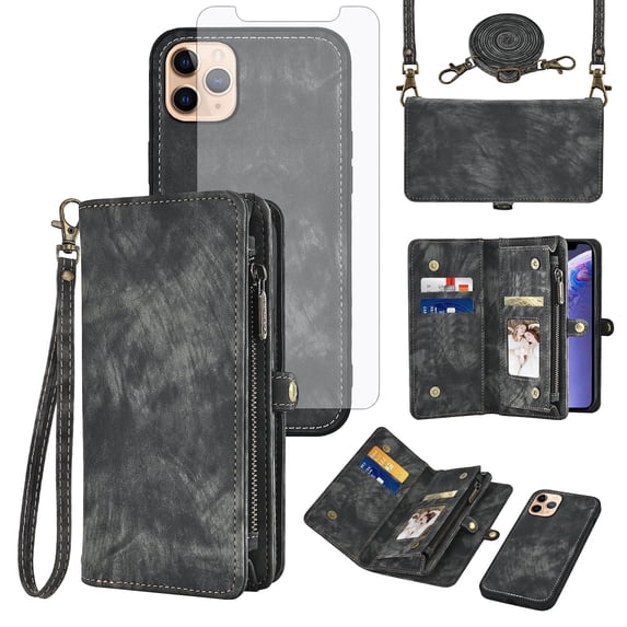 Asuwish Compatible with iPhone 13 Pro 6.1 inch Phone Case Zipper Wallet Tempered Glass Screen Protector Strap Flip Card Holder Cell Cover for iPhone13Pro 5G i i-Phone i13 iPhone13 13Pro Women Black