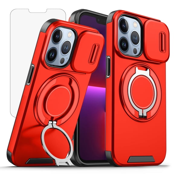 Asuwish Compatible with iPhone 13 Pro Max 2021 6.7 inch Phone Case Slide Camera Cover Tempered Glass Screen Protector Stand Ring Holder Rugged Slim Cell for iPhone13promax iP13 Plus Women Men Red