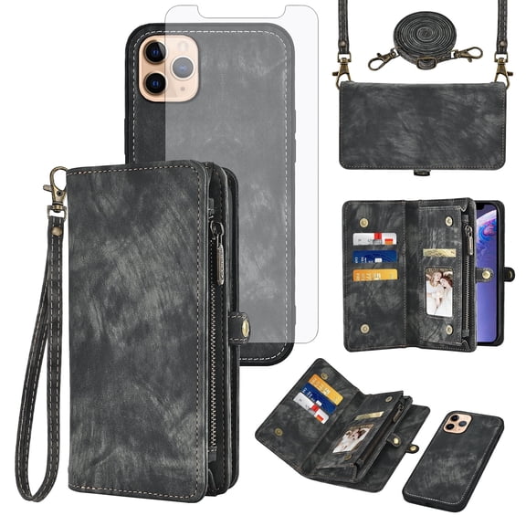 Asuwish Compatible with iPhone 13 Pro Max 2021 6.7 inch Phone Case Zipper Wallet Screen Protector Strap Flip Card Holder Cell Cover for iPhone13promax 5G i Phone13Max Plus iPhone13 ProMax Women Black