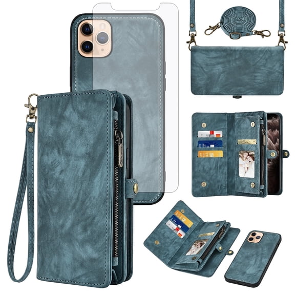Asuwish Compatible with iPhone 13 Pro Max 2021 6.7 inch Phone Case Zipper Wallet Screen Protector Strap Flip Card Holder Cell Cover for iPhone13promax 5G i Phone13Max Plus iPhone13 ProMax Women Blue