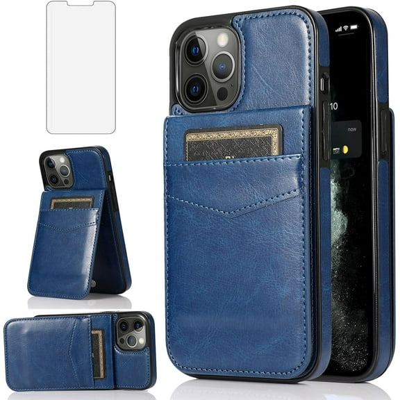 Asuwish Compatible with iPhone 13 Pro Max 2021 6.7 inch Wallet Phone Case with Screen Protector Credit Card Holder Stand Cell Cover for iPhone13promax 5G i Phone13Max Plus iPhone13 ProMax Blue