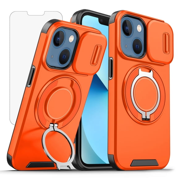 Asuwish Compatible with iPhone 13/iPhone 14 6.1 inch Phone Case Slide Camera Cover Tempered Glass Screen Protector Stand Ring Holder Rugged Slim Cell for iPhone13 5G i i-Phone14 i14 Women Men Orange