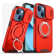 Asuwish Compatible with iPhone 13/iPhone 14 6.1 inch Phone Case Slide Camera Cover Tempered Glass Screen Protector Stand Ring Holder Rugged Slim Cell for iPhone13 5G i i-Phone14 i14 Women Men Red