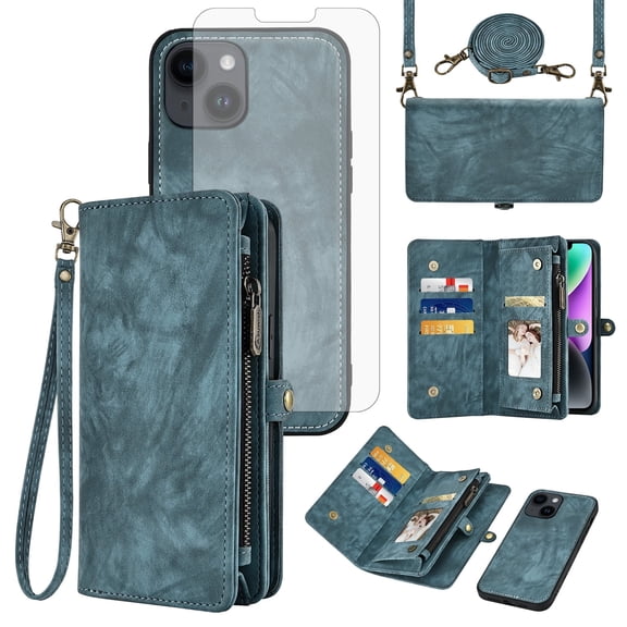 Asuwish Compatible with iPhone 14 6.1 inch Phone Case Zipper Wallet Detachable Tempered Glass Screen Protector Strap Flip Card Holder Cell Cover for iPhone14 5G i i-Phone i14 14Case Women Girls Blue