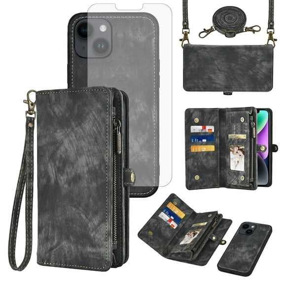 Asuwish Compatible with iPhone 14 6.1 inch Phone Case Zipper Wallet Detachable Tempered Glass Screen Protector Strap Flip Card Holder Cell Cover for iPhone14 5G i i-Phone i14 14Case Women Girls Black