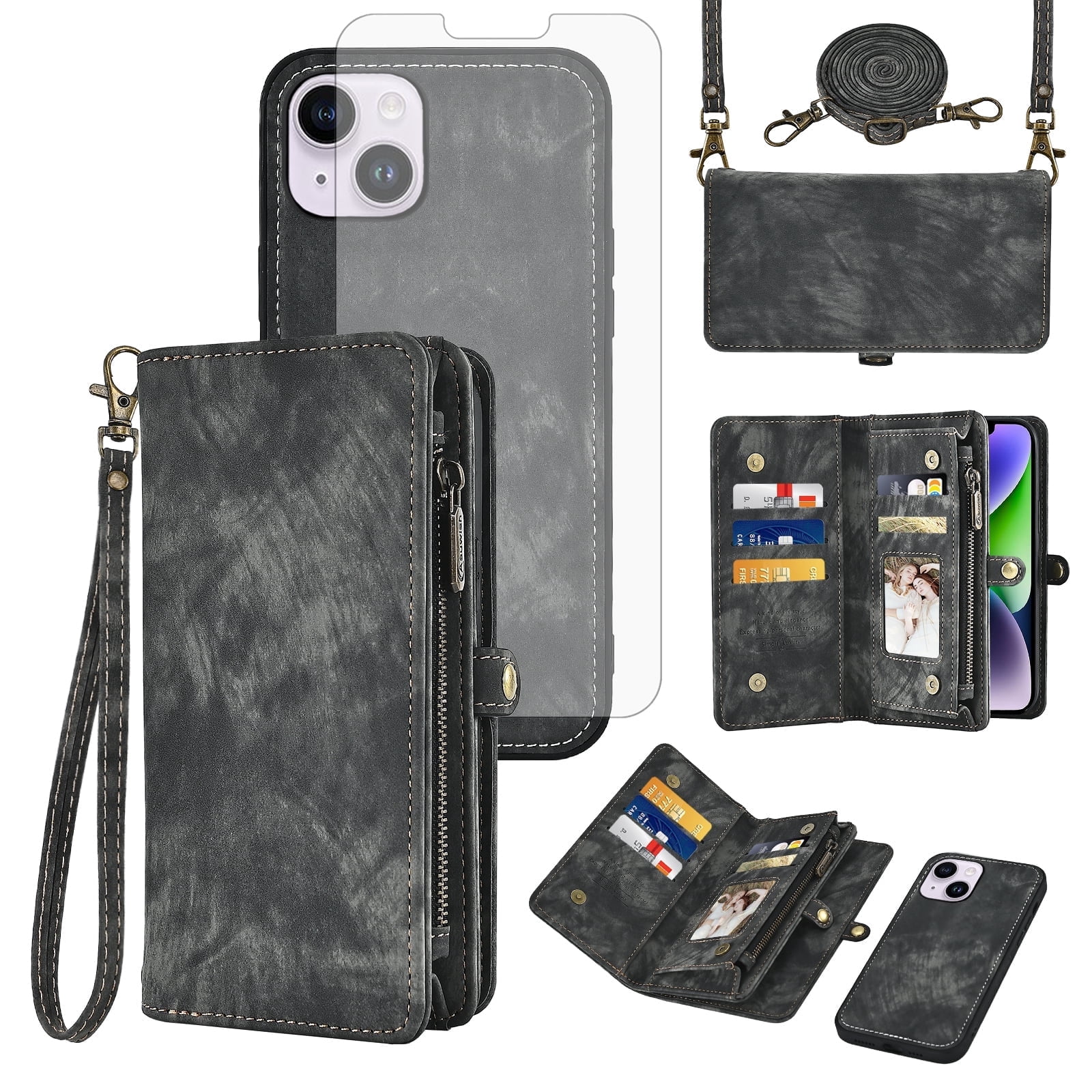 Asuwish Compatible with iPhone 14 Plus 6.7 inch Phone Case Zipper Wallet Screen Protector Lanyard Strap Flip Card Holder Cell Cover for i-Phone 14+ iPhone14Plus 5G i i14 + iPhone14 14Plus Women Black