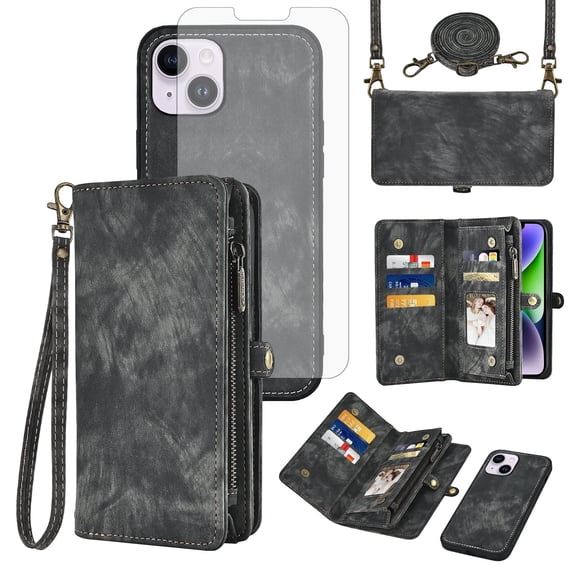 Asuwish Compatible with iPhone 14 Plus 6.7 inch Phone Case Zipper Wallet Screen Protector Lanyard Strap Flip Card Holder Cell Cover for i-Phone 14+ iPhone14Plus 5G i i14 + iPhone14 14Plus Women Black