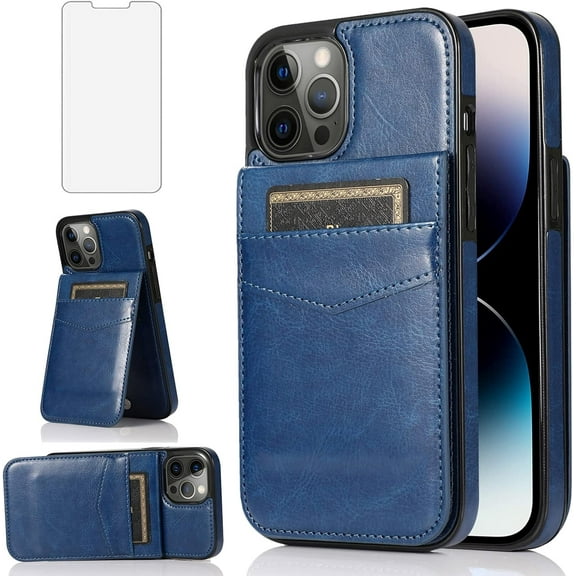 Asuwish Compatible with iPhone 14 Pro 6.1 inch Wallet Phone Case with Tempered Glass Screen Protector Credit Card Holder Stand Cell Cover for iPhone14Pro 5G i i-Phone i14 iPhone14 4 14Pro Women Blue