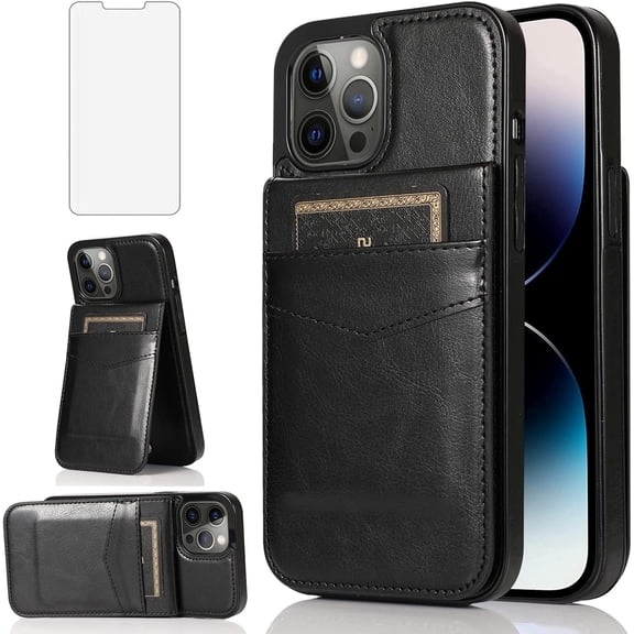 Asuwish Screen Protector Included PU Leather Soft Shell Wallet Cell Phone Case with Screen Protector for iPhone 14 Pro, Black