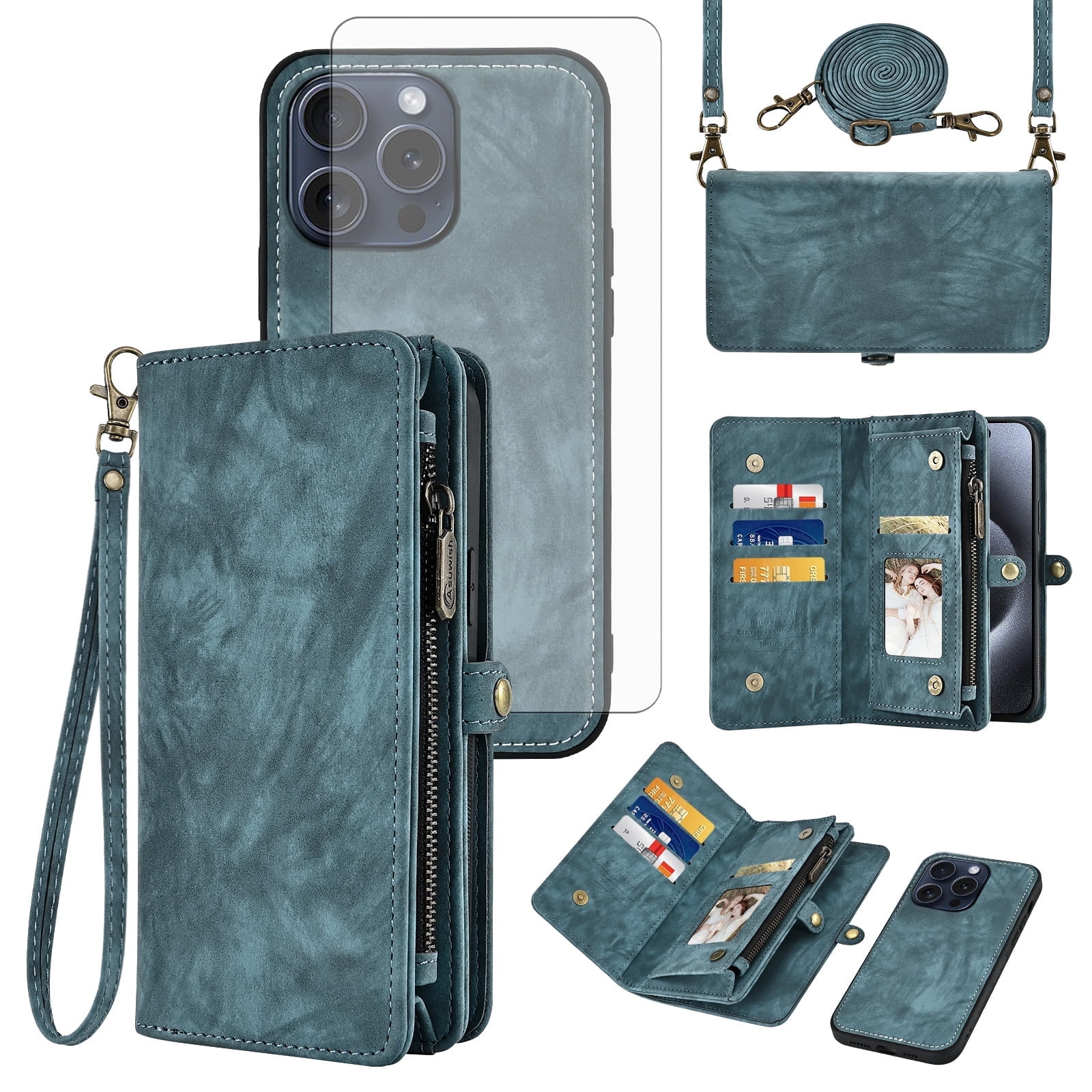 Asuwish Compatible with iPhone 14 Pro Max 6.7 inch Phone Case Zipper Wallet Screen Protector Strap Flip Card Holder Cell Cover for iPhone14promax 5G i Phone14Max Plus iPhone14 ProMax Women Girls Blue