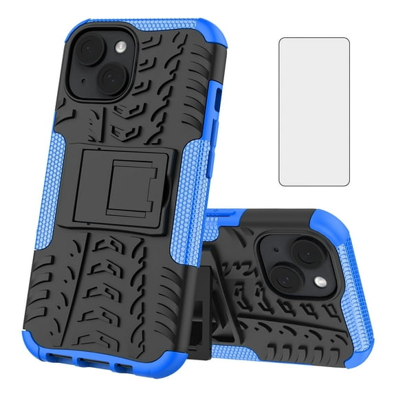 Asuwish Compatible with iPhone 15 6.1 inch Phone Case Tempered Glass Screen Protector Slim Stand Hybrid Heavy Duty Rugged Protective Cell Cover for i Phone15 i15 15Case Women Men Blue