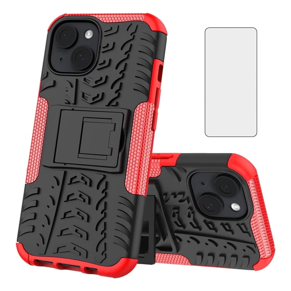 Asuwish Compatible with iPhone 15 6.1 inch Phone Case Tempered Glass Screen Protector Slim Stand Hybrid Heavy Duty Rugged Protective Cell Cover for i Phone15 i15 15Case Women Men Red