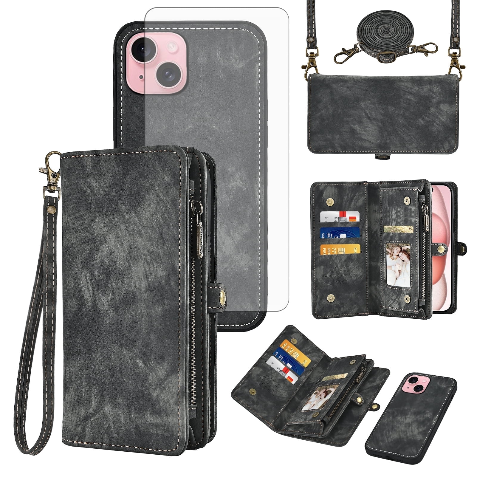 Asuwish Compatible with iPhone 15 6.1 inch Phone Case Zipper Wallet Detachable Tempered Glass Screen Protector Crossbody Lanyard Strap Flip Card Holder Cell Cover for i Phone15 i15 15Case Women Black