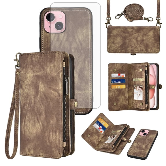 Asuwish Compatible with iPhone 15 6.1 inch Phone Case Zipper Wallet Detachable Tempered Glass Screen Protector Crossbody Lanyard Strap Flip Card Holder Cell Cover for i Phone15 i15 15Case Women Brown