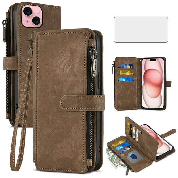 Asuwish Compatible with iPhone 15 6.1 inch Wallet Phone Case and Tempered Glass Screen Protector Faux Leather Flip Credit Card Holder Stand Zipper Slot Cell Cover for i Phone15 i15 15Case Women Brown