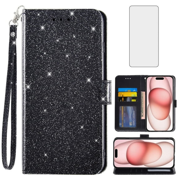 Asuwish Compatible with iPhone 15 6.1 inch Wallet Phone Case and Tempered Glass Screen Protector Flip Credit Card Holder Stand Bling Glitter Cell Cover for i Phone15 i15 15Case Women Black