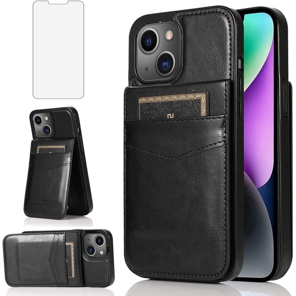 Asuwish Screen Protector Included PU Leather Soft Shell Wallet Cell Phone Case with Screen Protector for iPhone 15, Black