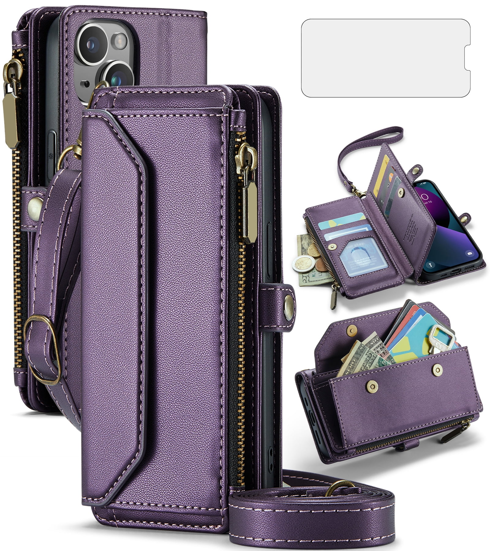 Asuwish Compatible with iPhone 15 6.1 inch Zipper Wallet Phone Case Tempered Glass Screen Protector Crossbody Lanyard Strap Flip Card Holder Slot Cell Cover for i Phone15 i15 15Case Women Purple