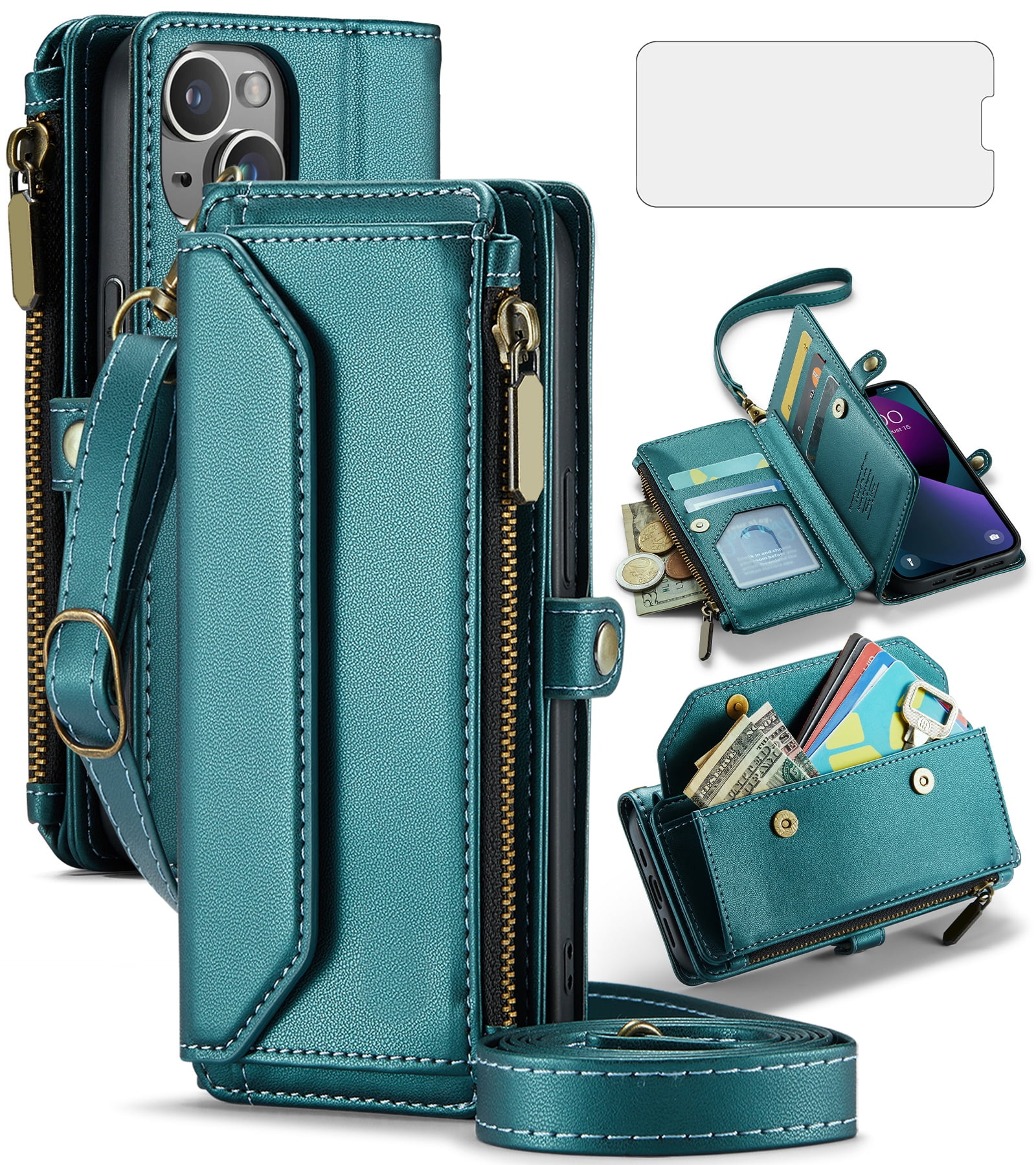 Asuwish Compatible with iPhone 15 6.1 inch Zipper Wallet Phone Case Tempered Glass Screen Protector Crossbody Lanyard Strap Flip Card Holder Slot Cell Cover for i Phone15 i15 15Case Women Girls Green