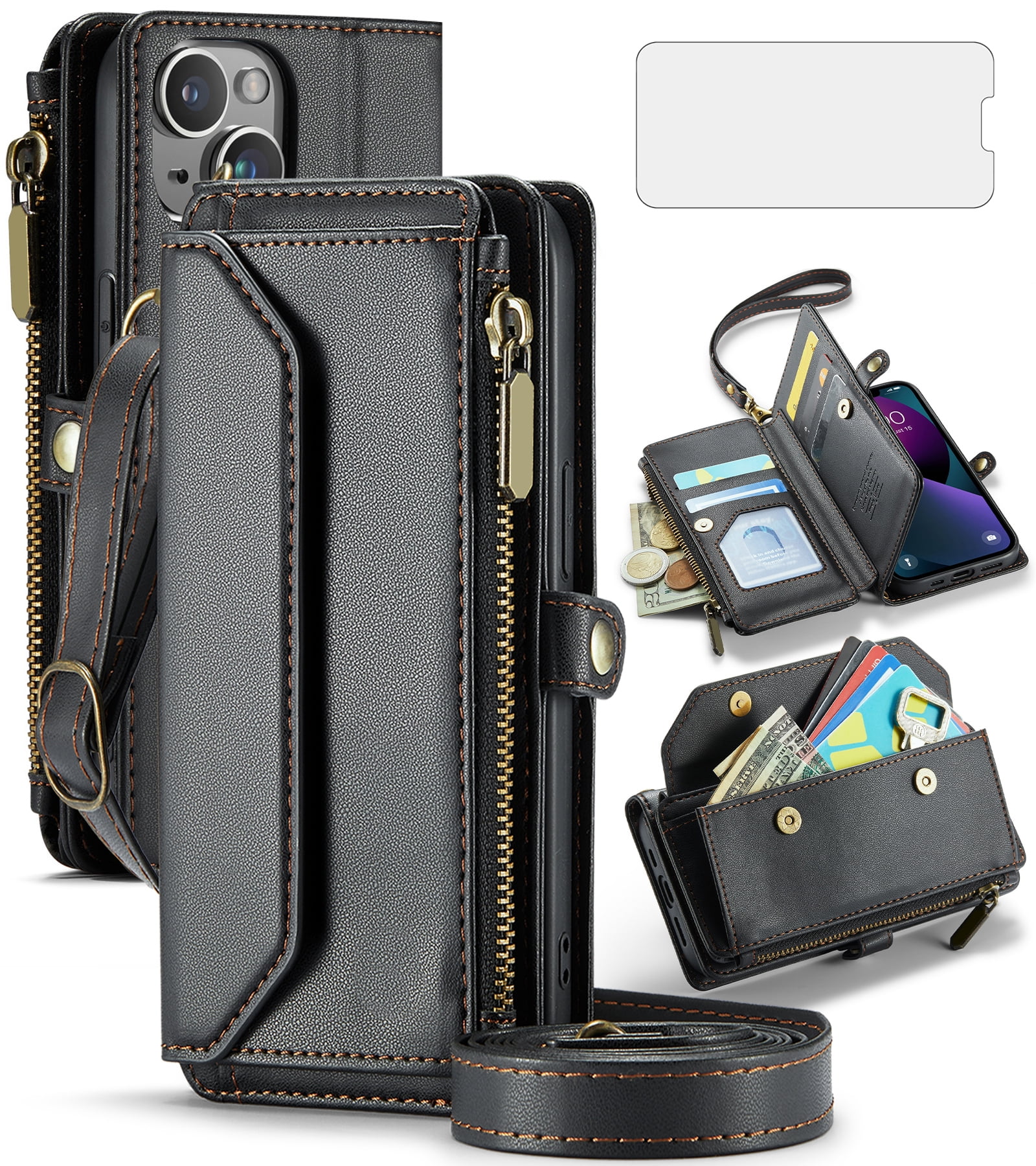 Asuwish Compatible with iPhone 15 6.1 inch Zipper Wallet Phone Case Tempered Glass Screen Protector Crossbody Lanyard Strap Flip Card Holder Slot Cell Cover for i Phone15 i15 15Case Women Girls Black