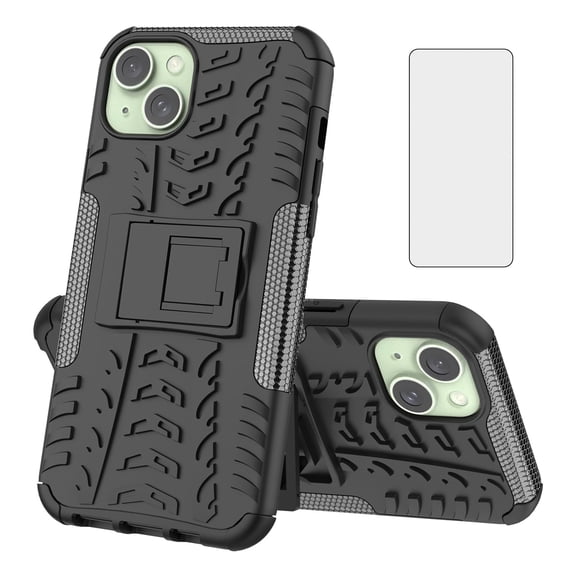 Asuwish Compatible with iPhone 15 Plus 6.7 inch Phone Case Tempered Glass Screen Protector Slim Stand Hybrid Heavy Duty Rugged Protective Cell Cover for i Phone15 15+ i15 + 15Plus Women Men Black