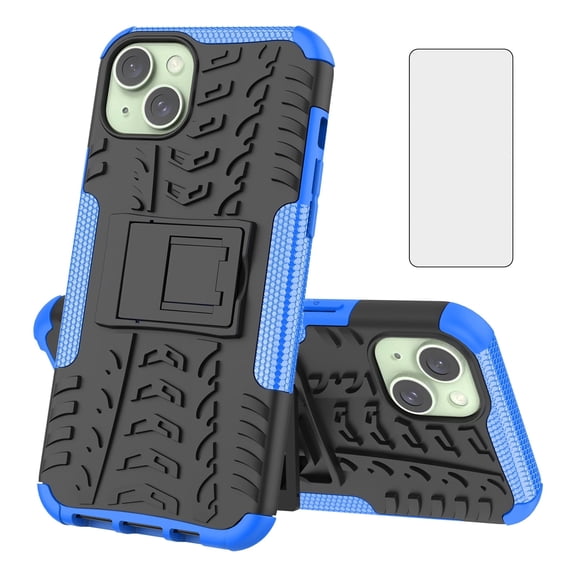 Asuwish Compatible with iPhone 15 Plus 6.7 inch Phone Case Tempered Glass Screen Protector Slim Stand Hybrid Heavy Duty Rugged Protective Cell Cover for i Phone15 15+ i15 + 15Plus Women Men Blue