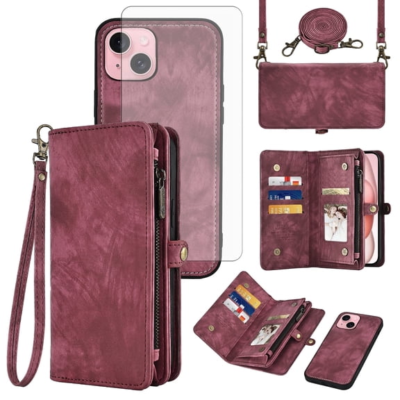Asuwish Compatible with iPhone 15 Plus 6.7 inch Phone Case Zipper Wallet Detachable Tempered Glass Screen Protector Lanyard Strap Flip Card Holder Cell Cover for i Phone15 15+ i15 + 15Plus Women Red