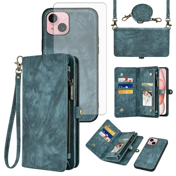 Asuwish Compatible with iPhone 15 Plus 6.7 inch Phone Case Zipper Wallet Detachable Tempered Glass Screen Protector Lanyard Strap Flip Card Holder Cell Cover for i Phone15 15+ i15 + 15Plus Women Blue