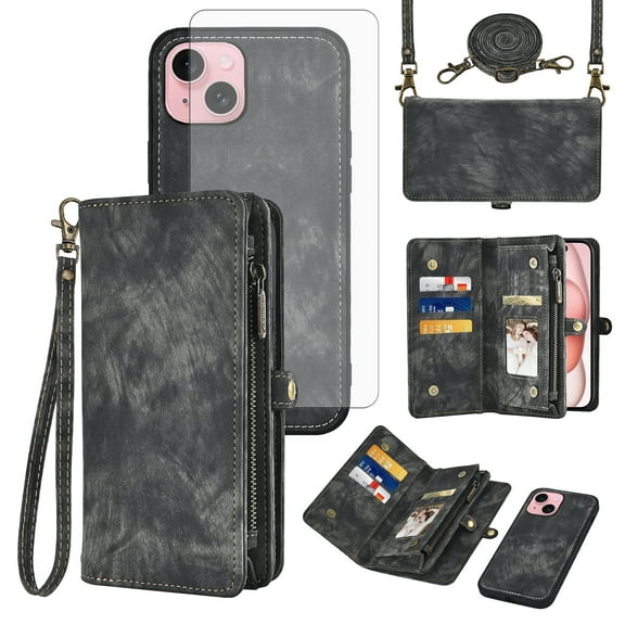 Asuwish Compatible with iPhone 15 Plus 6.7 inch Phone Case Zipper Wallet Detachable Tempered Glass Screen Protector Strap Flip Card Holder Cell Cover for i Phone15 15+ i15 + 15Plus Women Girls Black