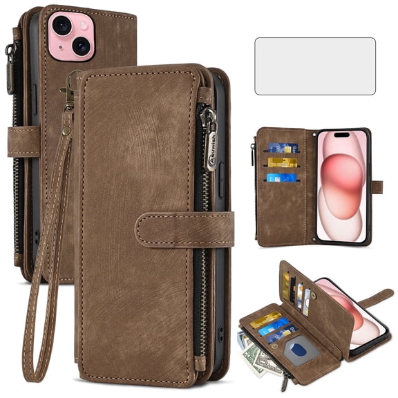 Asuwish Kickstand Hard Shell Wallet Cell Phone Case with Tempered Glass Screen Protector for iPhone 15 Plus, Brown