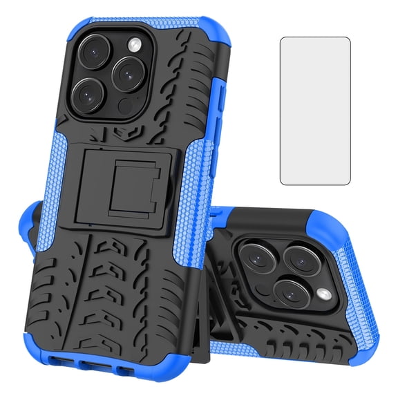 Asuwish Compatible with iPhone 15 Pro 6.1 inch Phone Case Tempered Glass Screen Protector Slim Stand Hybrid Heavy Duty Rugged Protective Cell Cover for i Phone15 i15 15Case Women Men Blue