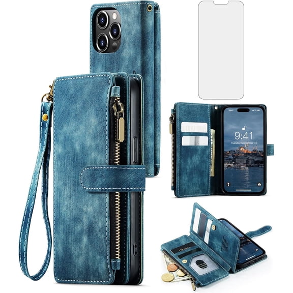 Asuwish Kickstand Hard Shell Wallet Cell Phone Case with Tempered Glass Screen Protector for iPhone 15 Pro, Blue